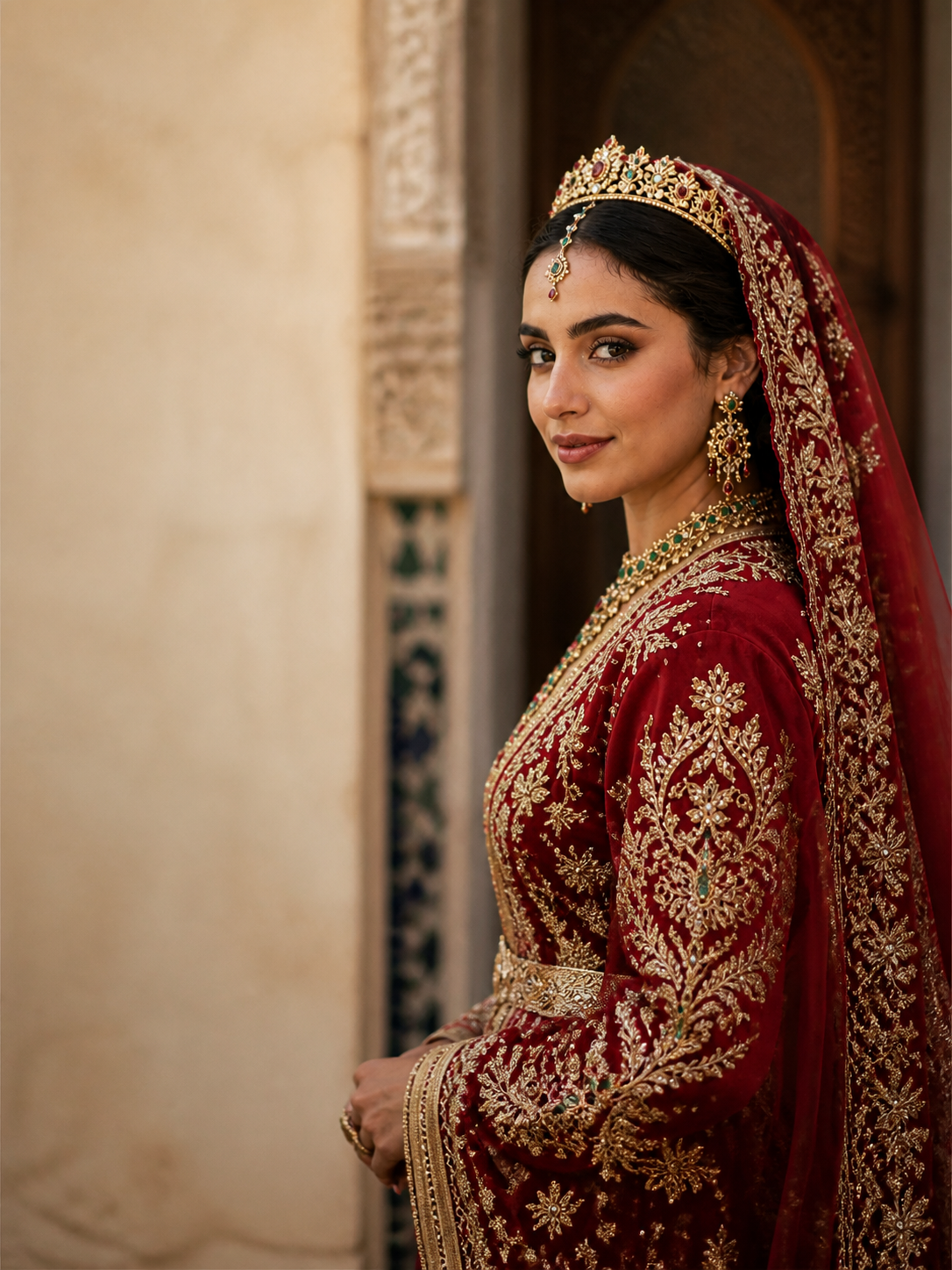 Mariée marocaine en caftan rouge brodé d'or